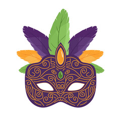 Colorful carnival mask, decorated with feathers for celebrations of Mardi Gras. Hand drawn bright decorative festive mask in cartoon style isolated on white background.Colored flat vector illustration