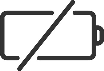 Diagonal line crossing a simple battery icon, indicating a critically low or empty battery status, symbolizing the need for charging or power conservation