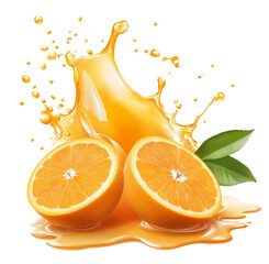 Orange fruit juice splash with leaves
