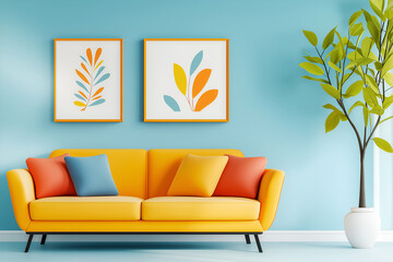 Sofa with pillows near potted houseplant on blue wall background