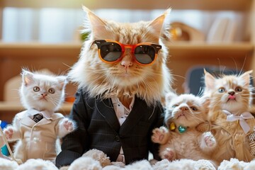 Cool Cat in Shades and Suit Chillin' with Tiny Animal Crew at School