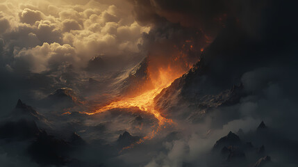 Fototapeta premium Majestic volcano erupting with flowing lava, surrounded by dark clouds and rugged terrain, showcasing nature's raw power. Brimstone. Illustration