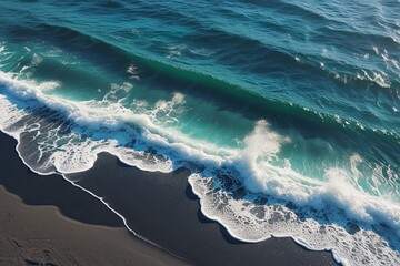 Fototapeta premium Aerial View of Clear Ocean Waves Splashing on Dark Sand Beach