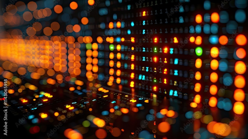 Poster abstract representation of digital data with colorful lights and patterns.