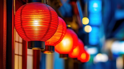 Naklejka premium Vibrant red Japanese lanterns illuminate a dark alleyway with soft reflections in teal and blue light