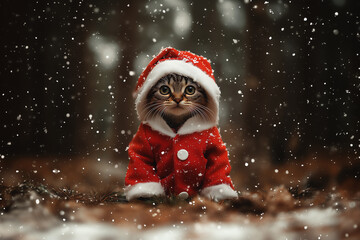 Kitten dressed as Santa Claus in the snow
