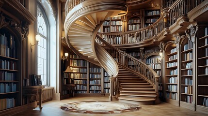 Grand wooden spiral staircase in a majestic library filled with bookshelves.