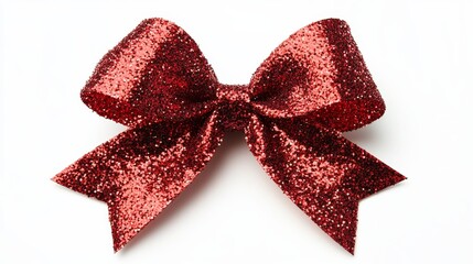 Red glitter bow isolated on white. Festive Christmas decoration.