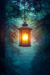 Illuminated lantern hangs, misty forest backdrop.