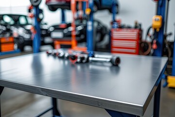 Fototapeta premium Metal Blank Tabletop with Blurred Automotive Tools and Parts for Product Promotion