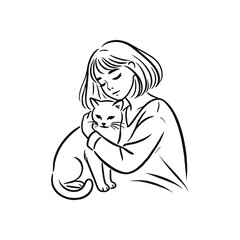 A girl hugs a white cat. Black line art illustration isolated on white background