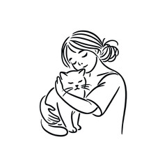 A girl hugs a white cat. Black line art illustration isolated on white background