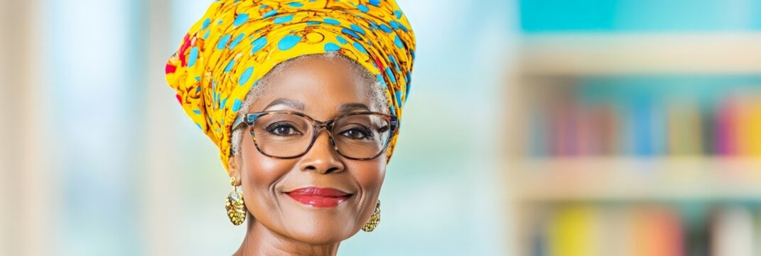 A sophisticated older woman wearing a vibrant yellow headscarf and glasses, smiling warmly indoors with a soft-focus background of bookshelves. - Powered by Adobe