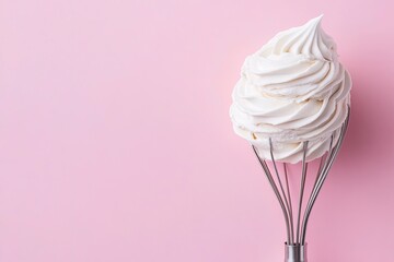 Whisk with whipped cream on pink background, closeup. Space for text 