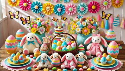 Fun and Colorful Easter Table with Bunnies, Eggs, and Treats for Kids