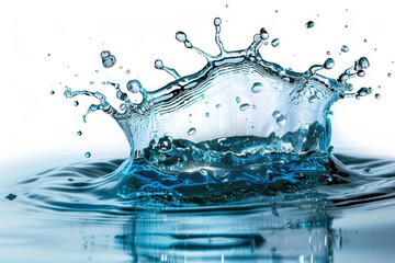 High-speed capture of a water splash forming a crown shape, symbolizing purity, freshness, and motion on a white background.