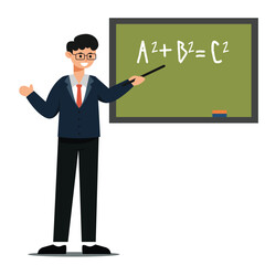 The male teacher is standing in front of the blackboard holding a study stick