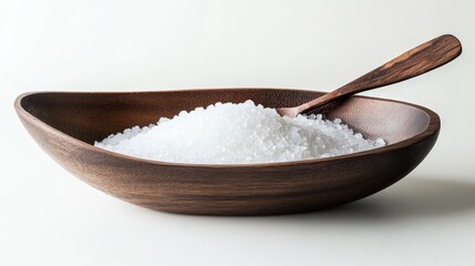 Salt crystals gracefully nestled in a wooden bowl, adorned with a spoon, rest upon an unblemished white expanse. This top-down perspective captures the essence of simplicity and purity.