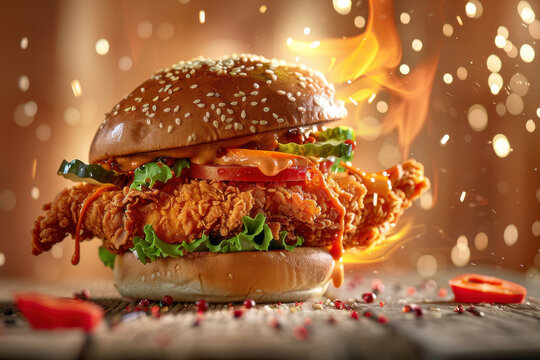 A crispy fried chicken sandwich with fresh lettuce and tomato on a sesame seed bun, captured in warm lighting.