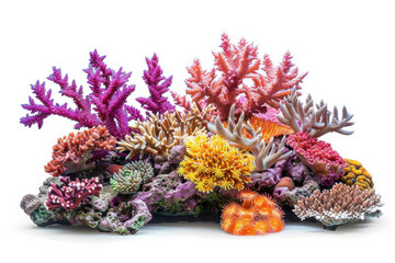 A vibrant and colorful coral reef scene showcasing various species of corals and marine life on a white background.