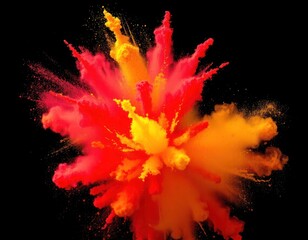 Vibrant explosion of red and yellow colored powder against a black background. Dynamic and colorful display of motion and texture. Creative abstract design for digital art and colorful backgrounds.