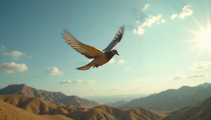 Naklejka premium Majestic dove in flight above desert mountains under a bright sunlit sky, Dove flying in sky, Peace Day