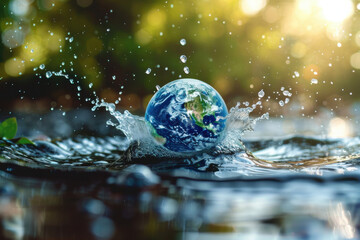 A symbolic representation of Earth emerging from water with splashes, highlighting environmental themes and global nature.