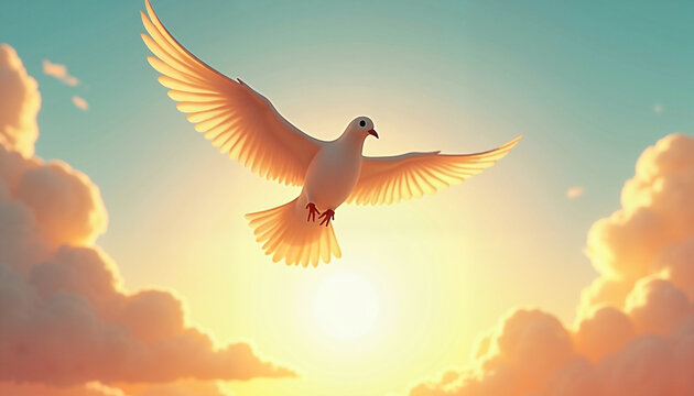 Elegant white dove soaring gracefully against a soft sunset sky, Dove flying in sky, Peace Day