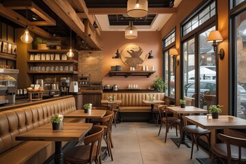 Cozy Cafe Interior Design with Vintage Wood Accents and Warm Color Palette for a Relaxing Space