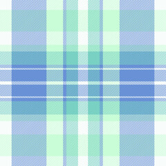 Horizontal background check texture, vibrant vector textile fabric. Apartment tartan plaid seamless pattern in blue and mint cream colors.