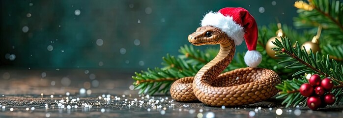 Fototapeta premium A wooden snake figurine wearing a Santa hat, surrounded by pine branches with red berries and golden baubles, placed on a rustic surface with a blurred teal background and falling snow effect