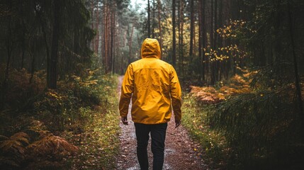Fototapeta premium Person in yellow raincoat walks wooded path in rain.