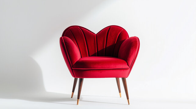 Stylish red velvet chair with heart-shaped design and wooden legs against a white background - Powered by Adobe