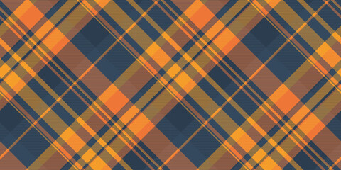 Basic seamless fabric background, intricate check pattern plaid. Composition tartan vector textile texture in orange and blue colors.