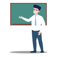The teacher is standing in front of the blackboard explaining the material