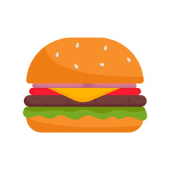Vector cheeseburger icon in flat style. Fast food illustration. Delicious burger with cheese, meat, and vegetables. Isolated on white background.