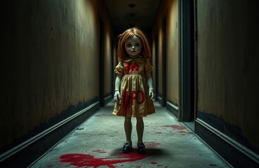 Creepy doll stands in dark hallway. Bloodstains cover yellow dress. Halloween theme. Scary, horrifying scene. Indoor setting. Vintage style. Frightening figure. Possible horror movie haunted house