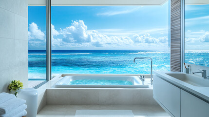 Plakat Luxurious bathroom with large window overlooking beach and ocean, modern interior design featuring bathtub with sea view, hotel or resort spa room apartment, contemporary white decor with blue water.