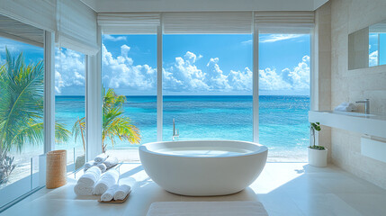 Obraz na płótnie Canvas Luxurious bathroom with large window overlooking beach and ocean, modern interior design featuring bathtub with sea view, hotel or resort spa room apartment, contemporary white decor with blue water.