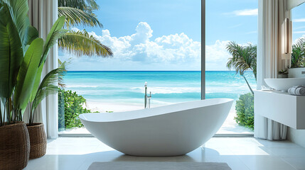Obraz na płótnie Canvas Luxurious bathroom with large window overlooking beach and ocean, modern interior design featuring bathtub with sea view, hotel or resort spa room apartment, contemporary white decor with blue water.