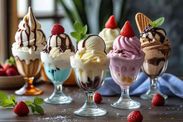Summer Refreshing Assorted Ice Cream Sundaes in Elegant Tulip Glass Cups