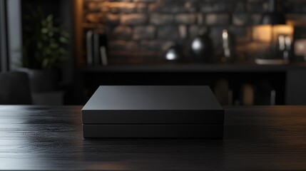 Obraz premium Sleek black gift box rests elegantly on a dark wooden table, creating a sophisticated display.