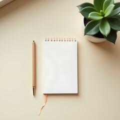 Minimalist workspace with a blank spiral notebook, wooden pen, and green succulent plant on a neutral beige background. Perfect for productivity, planning, and office themes.