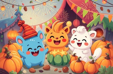 Fototapeta premium Whimsical creatures celebrate festival. Joyful creatures surrounded by pumpkins, fireworks. Friends fun together. Scene vibrant, colorful. Magical, imaginative environment for party displayed.