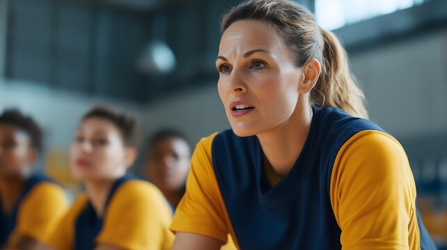 Female coach in yellow uniform, horizontal, suitable for sports leadership, coaching services, team development and athletic training programs
