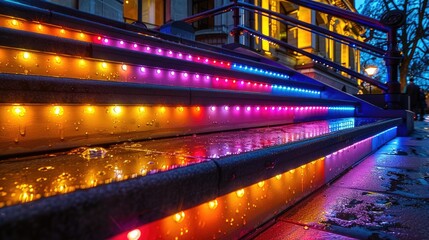 Colorful LED lights illuminate wet stairs, creating a vibrant atmosphere at dusk.