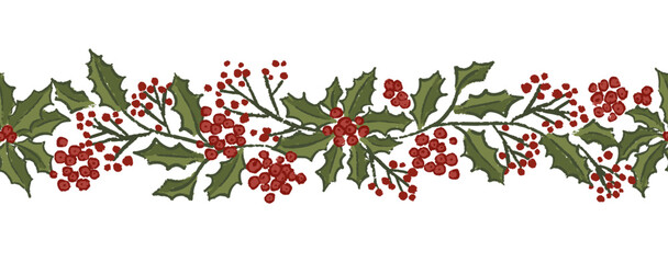 Christmas decor horizontal seamless vector pattern with holly and red berries