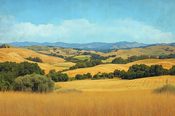 Golden hills, blue sky, summer landscape.
