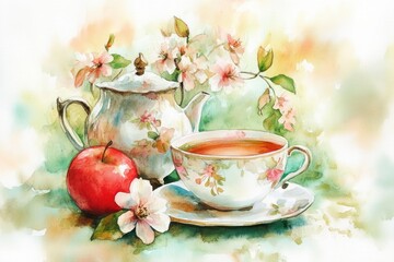 Fototapeta premium Charming Tea Pot with Floral Design. Vintage Watercolor Card Celebrating Blossoms and Beauty