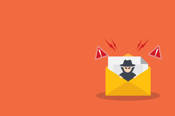 Email data phishing. Cyber thief hide inside email on a laptop computer. Virus, malware, email fraud, e-mail spam, phishing scam, hacker attack concept.	
